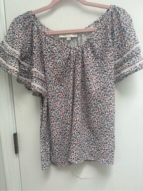 LOFT White Multicolor Floral Tie-Neck Flutter Sleeve Blouse
